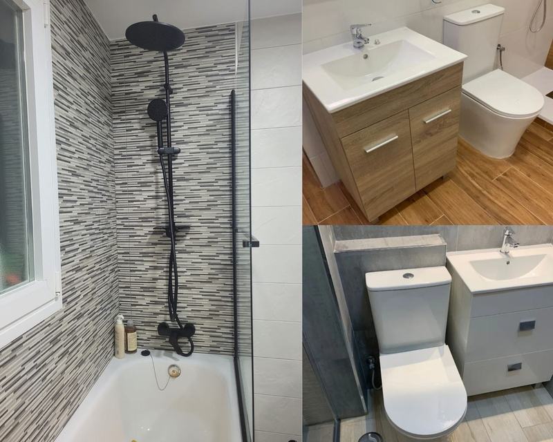 Baños reformados con grifería negra, mampara de ducha y mueble de lavabo